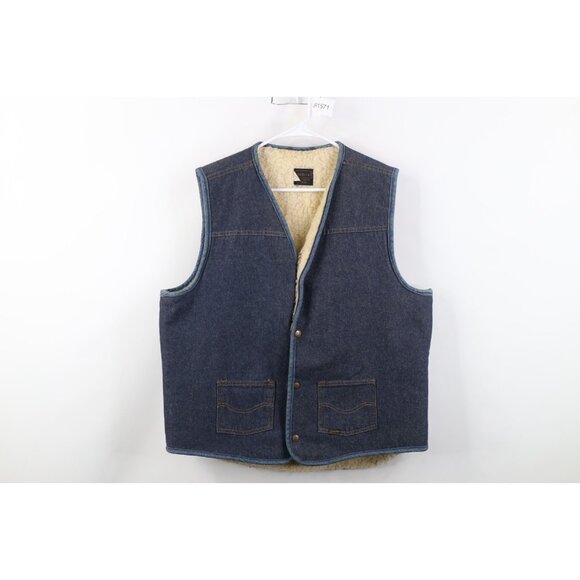 Vtg 60s 70s Streetwear Mens XLT Sherpa Fleece Lined Denim Jean Vest Jacket USA
